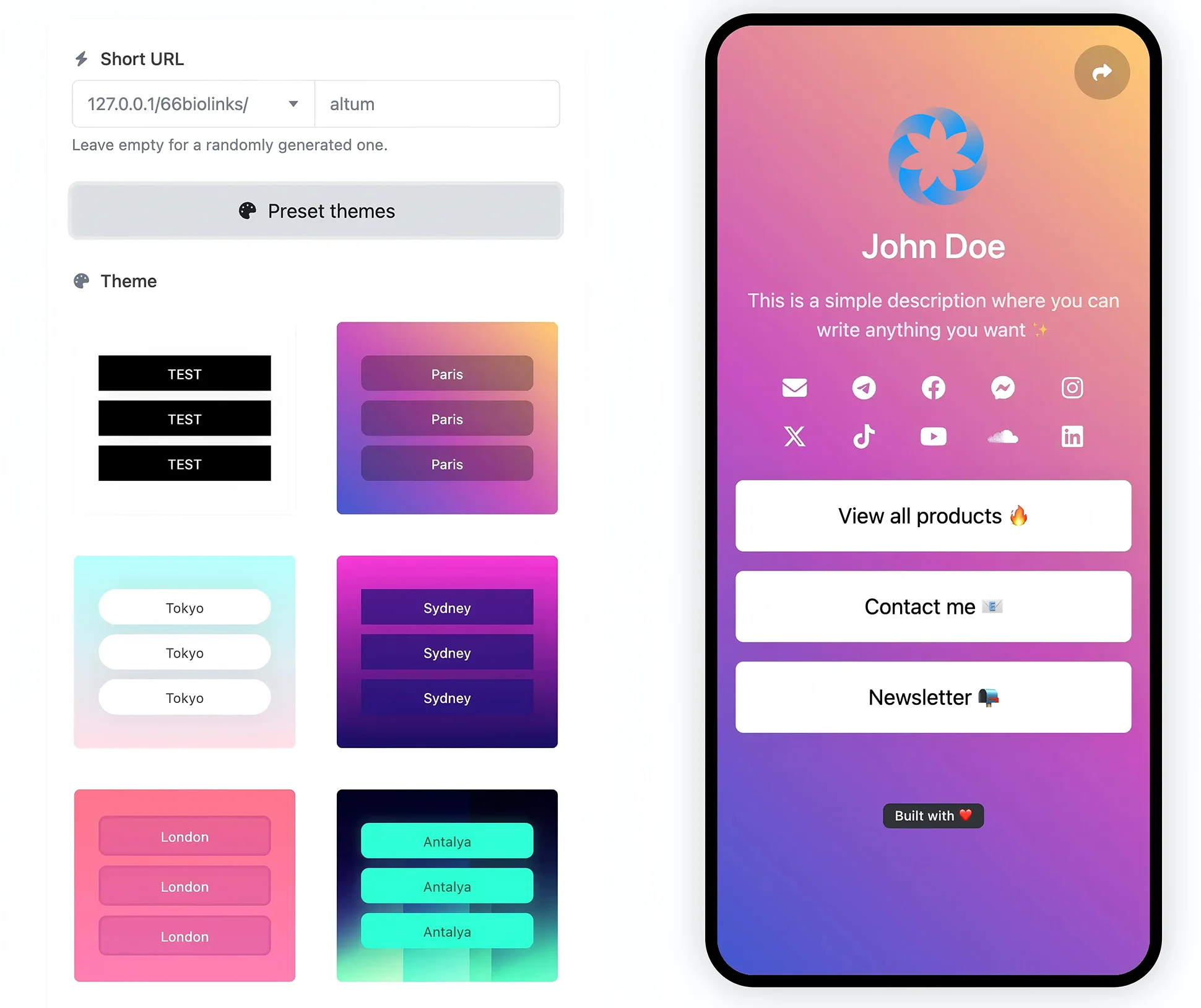 Screenshot of the app biolink editing page